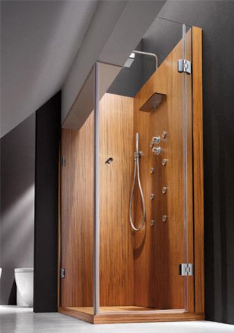 Ispirazione per una stanza da bagno moderna con consolle stile comò, ante in legno scuro, top in legno, doccia aperta e pareti nere