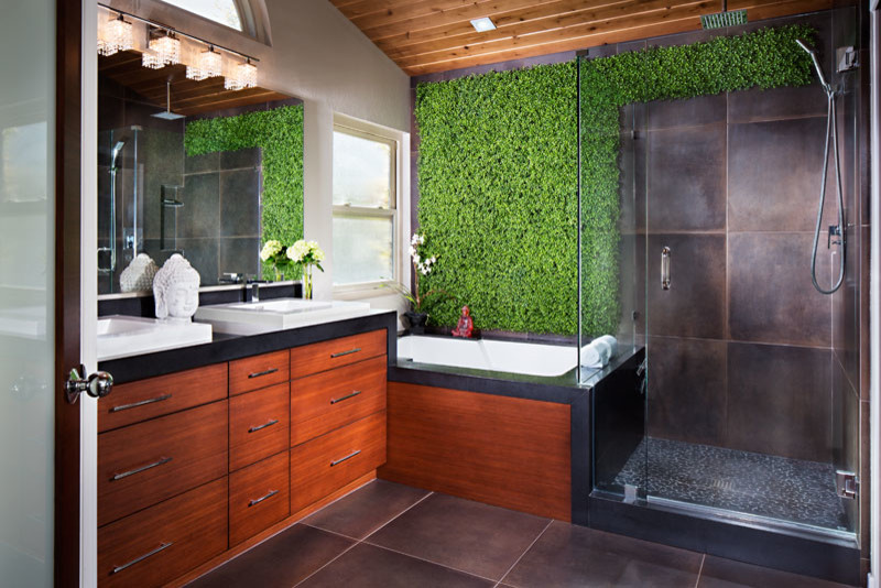 Example of a mid-sized island style master black tile bathroom design in San Diego with flat-panel cabinets, dark wood cabinets, a one-piece toilet and a drop-in sink