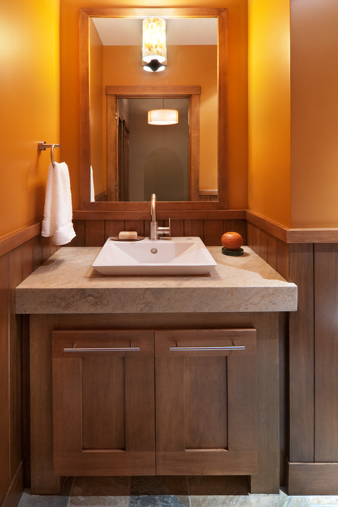 Bathroom - small modern 3/4 multicolored tile and stone tile bathroom idea in San Francisco with a vessel sink, furniture-like cabinets, medium tone wood cabinets, marble countertops and orange walls