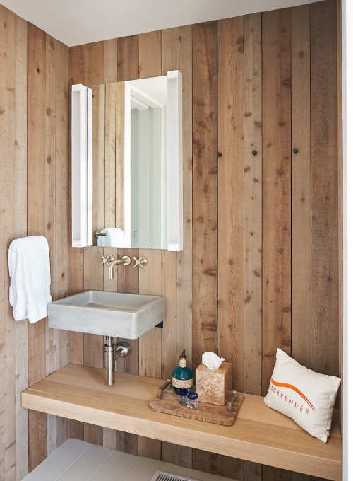 Coastal Coziness: Very Small Bathroom Ideas with a Wooden Plank Wall in a Cozy Coastal Powder Room