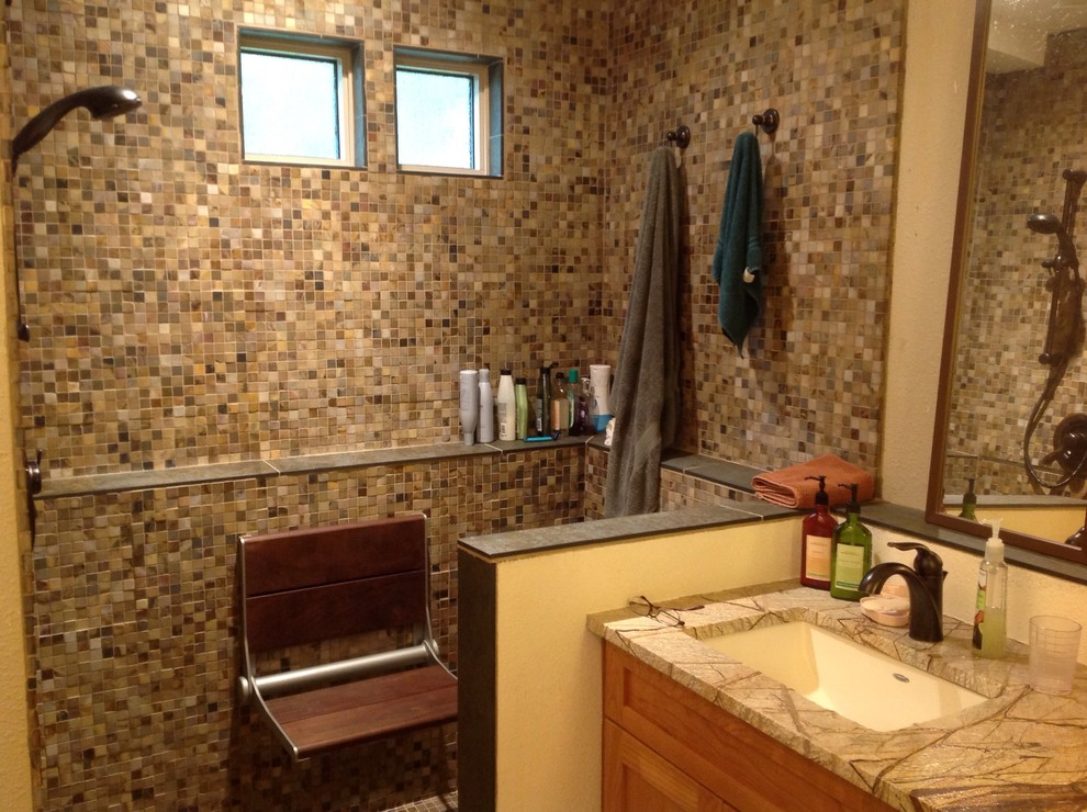 Example of a mid-sized classic kids' brown tile and mosaic tile slate floor bathroom design in Other with an undermount sink, shaker cabinets, medium tone wood cabinets, marble countertops and beige walls