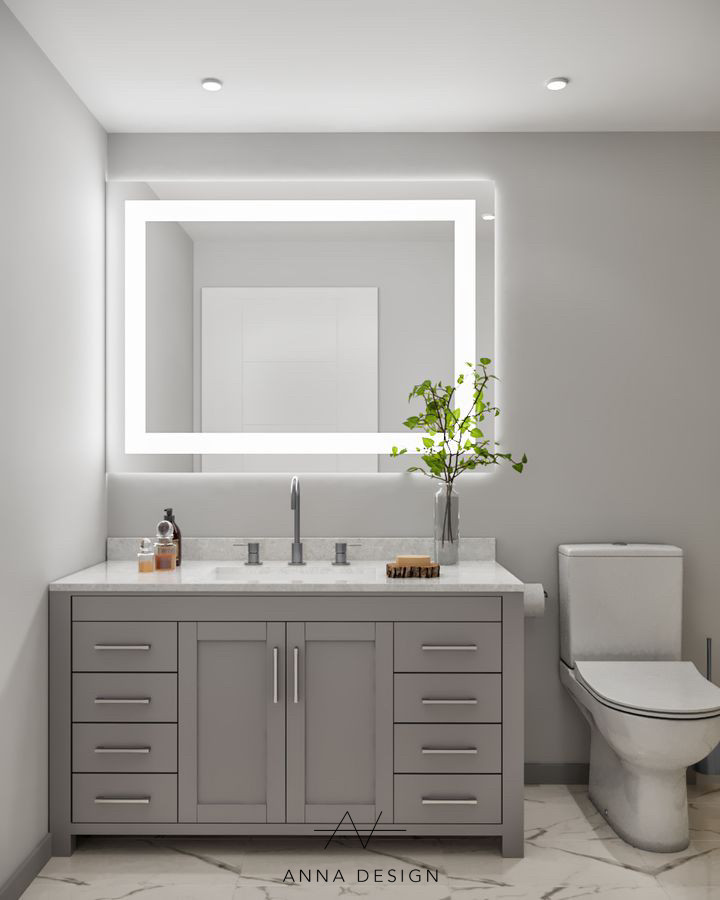 Medium sized contemporary bathroom in Orange County with shaker cabinets, a walk-in shower, a one-piece toilet, grey tiles, ceramic tiles, grey walls, porcelain flooring, a submerged sink, granite worktops, white floors, an open shower and grey worktops.