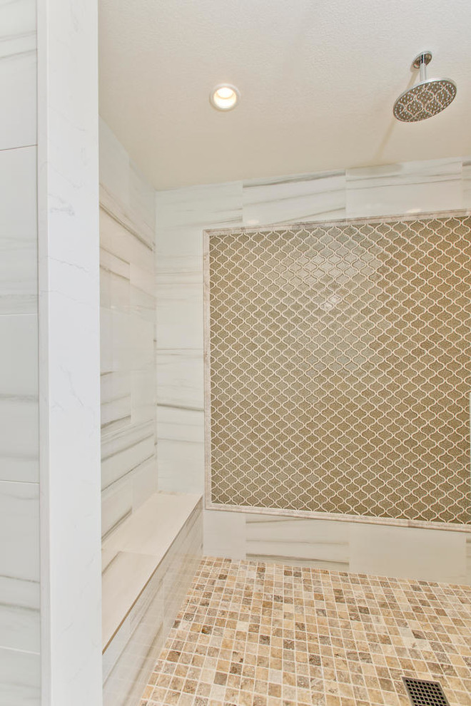 Bathroom - large transitional master white tile and porcelain tile porcelain tile and brown floor bathroom idea in San Diego with recessed-panel cabinets, beige cabinets, a one-piece toilet, blue walls, an undermount sink and quartz countertops
