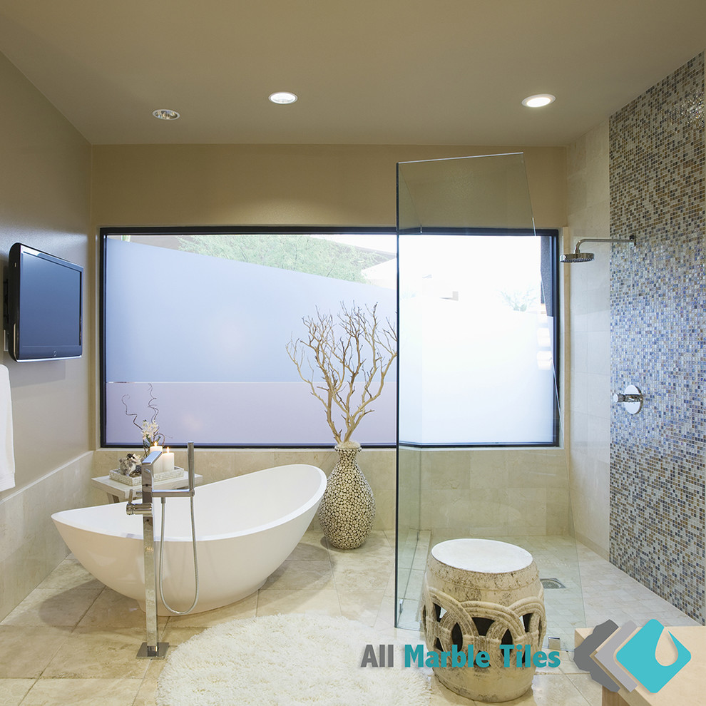 Bathroom - traditional beige tile and stone tile bathroom idea in New York