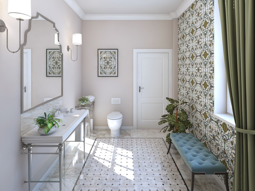 Esempio di una stanza da bagno padronale vittoriana di medie dimensioni con nessun'anta, ante bianche, lavabo integrato, top bianco, WC monopezzo, pareti beige, pavimento in marmo, top in quarzite e pavimento beige