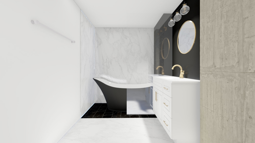 Mid-sized minimalist master black and white tile and marble tile marble floor, white floor and single-sink bathroom photo in Phoenix with shaker cabinets, white cabinets, a two-piece toilet, white walls, an undermount sink, marble countertops, white countertops and a freestanding vanity