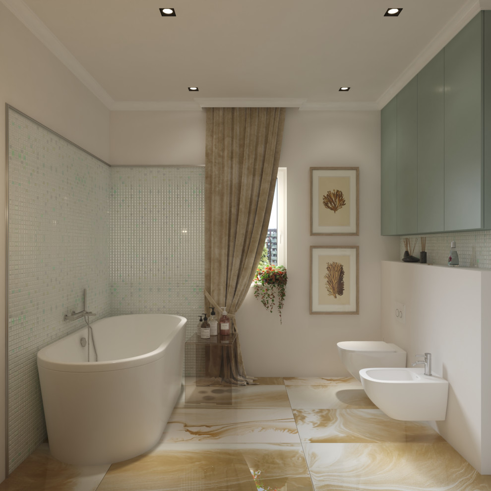 Пример оригинального дизайна: главная ванная комната среднего размера в стиле модернизм с отдельно стоящей ванной, душем над ванной, биде, белой плиткой, керамической плиткой, белыми стенами и разноцветным полом