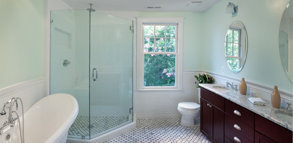 Large contemporary ensuite bathroom in DC Metro with dark wood cabinets, wooden worktops, a freestanding bath, mosaic tile flooring, a submerged sink, shaker cabinets, a corner shower, a two-piece toilet, white tiles, mosaic tiles and grey walls.