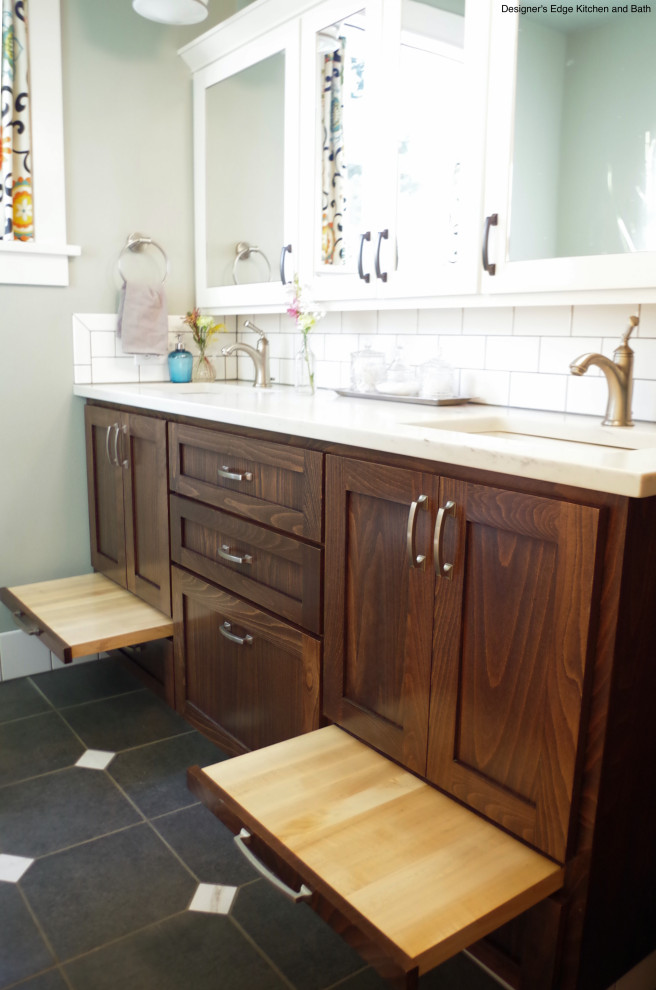 Bathroom - small craftsman white tile and ceramic tile ceramic tile, gray floor and double-sink bathroom idea in Portland with shaker cabinets, medium tone wood cabinets, a two-piece toilet, green walls, an undermount sink, quartz countertops, white countertops and a built-in vanity