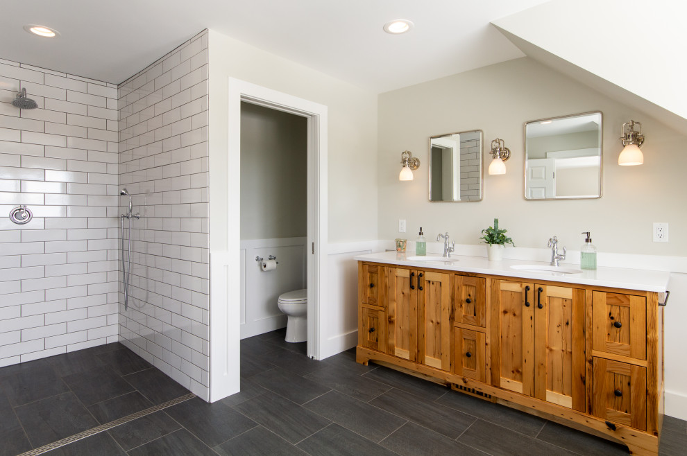Bathroom - large traditional kids' double-sink bathroom idea in Burlington with gray walls, a console sink, wood countertops and a built-in vanity