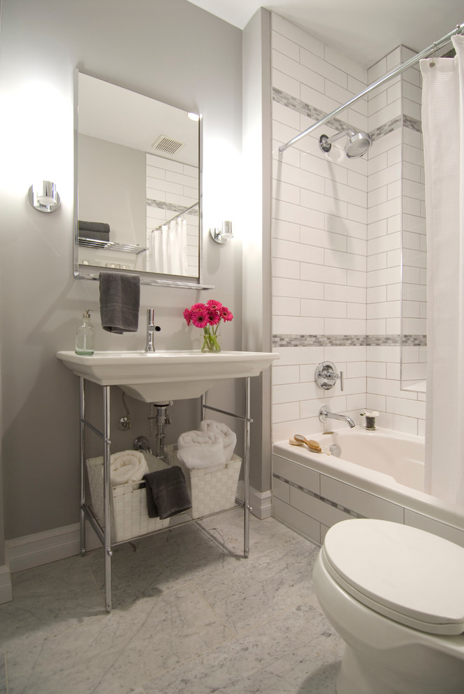 Design ideas for a medium sized contemporary shower room bathroom in Toronto with an alcove bath, a shower/bath combination, white tiles, ceramic tiles, grey walls, concrete flooring, a console sink, grey floors, a shower curtain and white worktops.