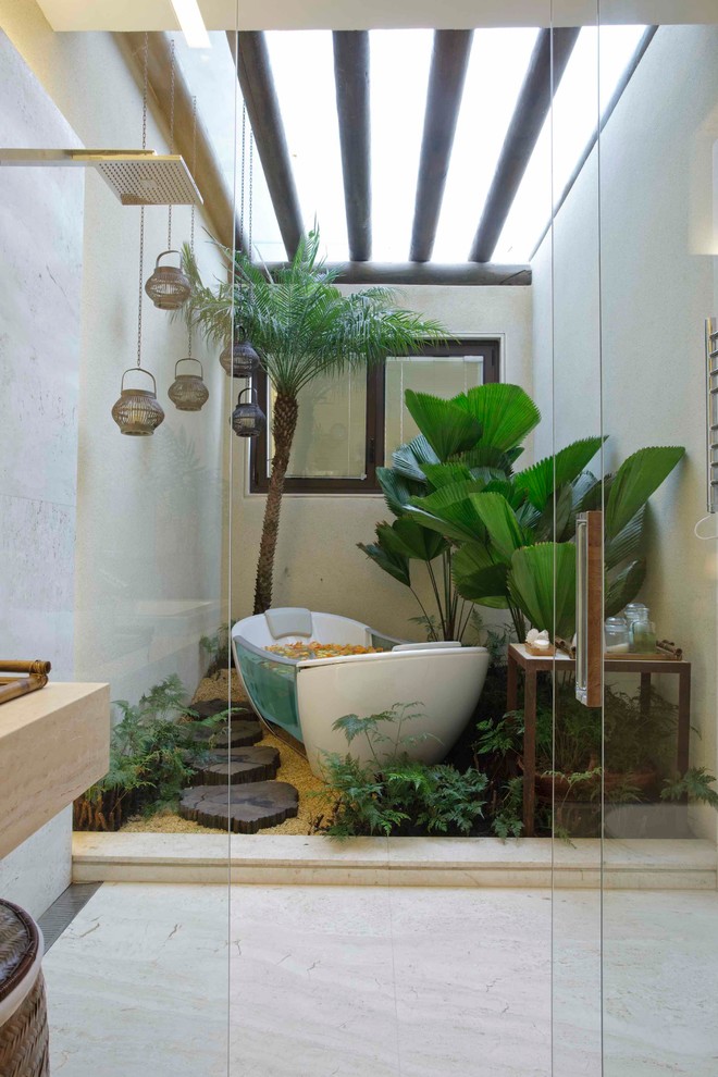 Inspiration for a contemporary freestanding bathtub remodel in Other