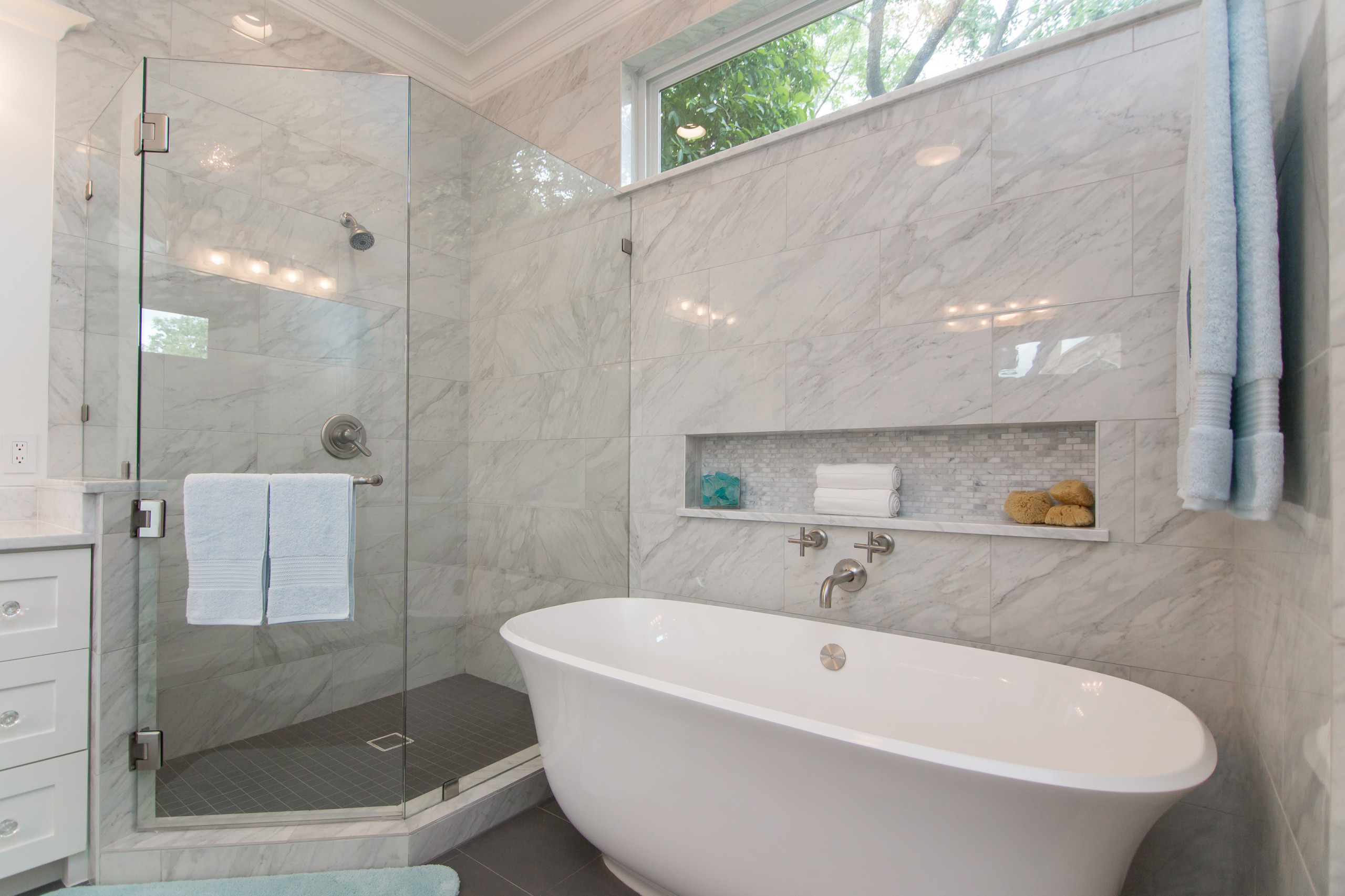 Bathroom Elegant Custom Cabinets Marble Tile Freestanding Tub Traditional Bathroom Dallas By Wreedone Re Done Houzz