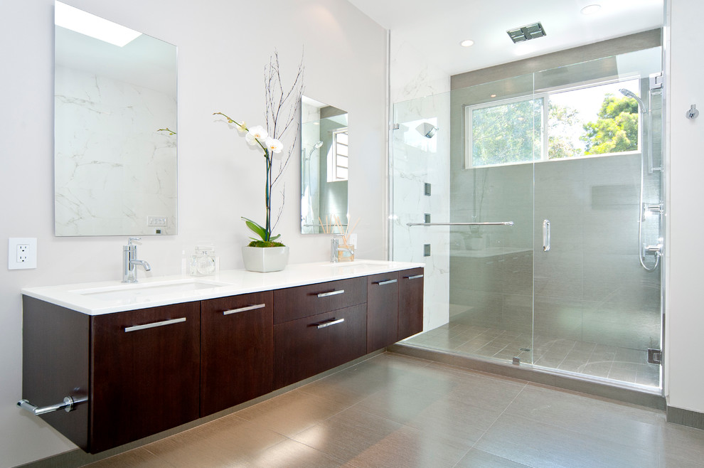 Alcove shower - contemporary alcove shower idea in San Francisco with flat-panel cabinets and dark wood cabinets
