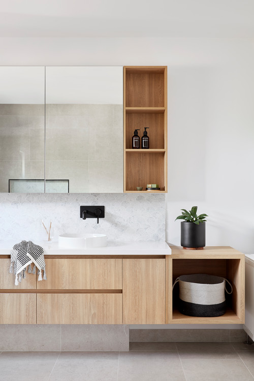 Contemporary Zen: Oak Floating Vanity for Smart Bathroom Storage