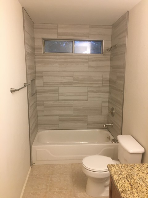 Bathroom - Gray 12" x 24" Tile Brick Pattern Tub Surround / Santa Cecilia  Vanity - Transitional - Bathroom - Austin - by Custom Surface Solutions |  Houzz UK