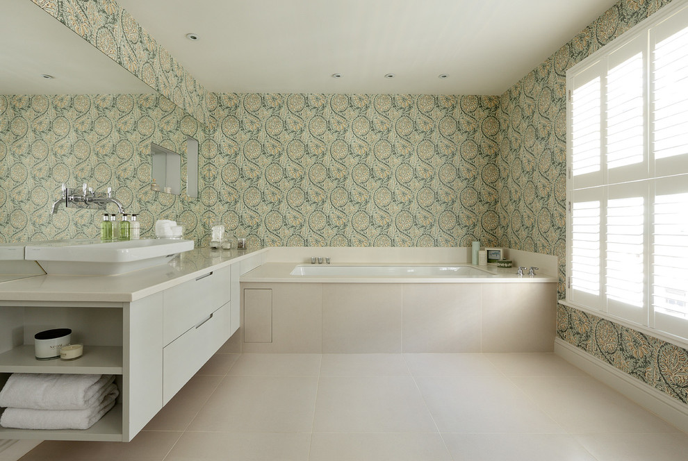 Photo of a contemporary bathroom in London with porcelain tiles and porcelain flooring.