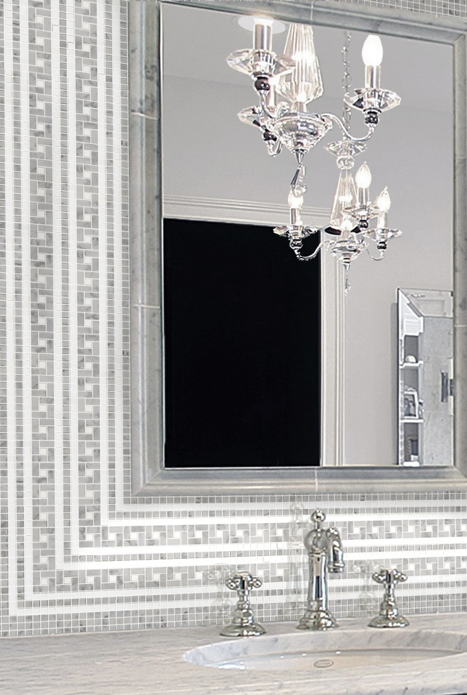 Exemple d'une salle de bain tendance avec un lavabo encastré, un carrelage gris et mosaïque.