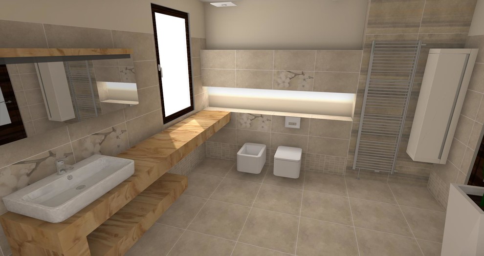 Large contemporary family bathroom in Other with a freestanding bath, a wall mounted toilet, porcelain flooring and a trough sink.