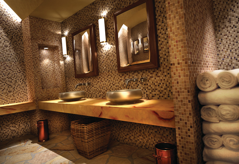 Immagine di una grande stanza da bagno padronale contemporanea con piastrelle in gres porcellanato, pavimento in ardesia, lavabo a bacinella, top in marmo e piastrelle multicolore