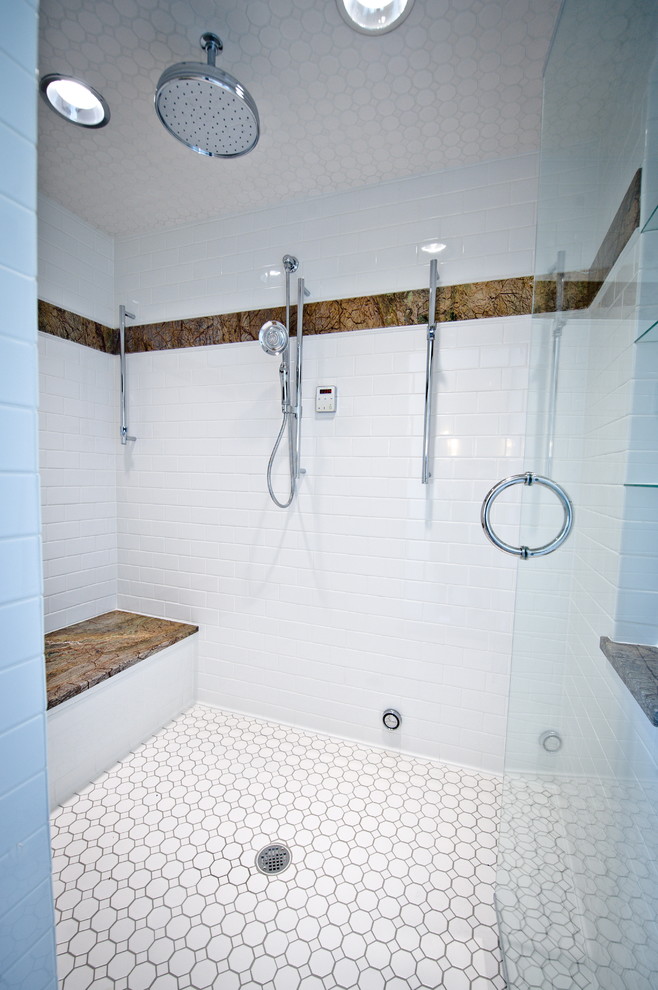 Example of a trendy white tile and subway tile alcove shower design in Indianapolis