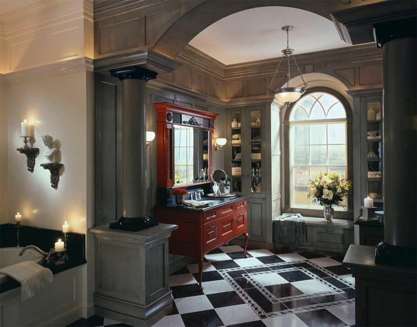Inspiration för stora klassiska en-suite badrum, med luckor med upphöjd panel, grå skåp, ett platsbyggt badkar, svart och vit kakel, keramikplattor, grå väggar, klinkergolv i keramik, ett undermonterad handfat och granitbänkskiva