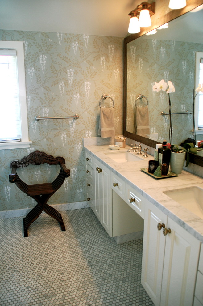Example of a classic mosaic tile bathroom design in Los Angeles with marble countertops and multicolored walls