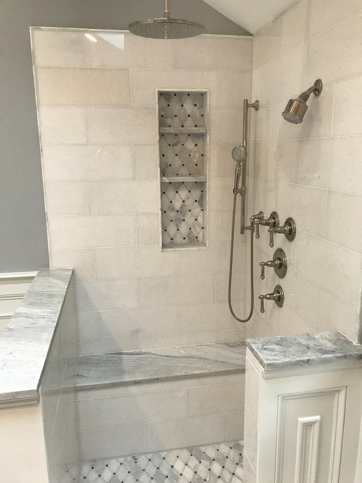 Medium sized classic ensuite bathroom in Other with recessed-panel cabinets, dark wood cabinets, a freestanding bath, a corner shower, beige tiles, ceramic tiles, grey walls, marble flooring, a submerged sink, marble worktops, white floors and an open shower.