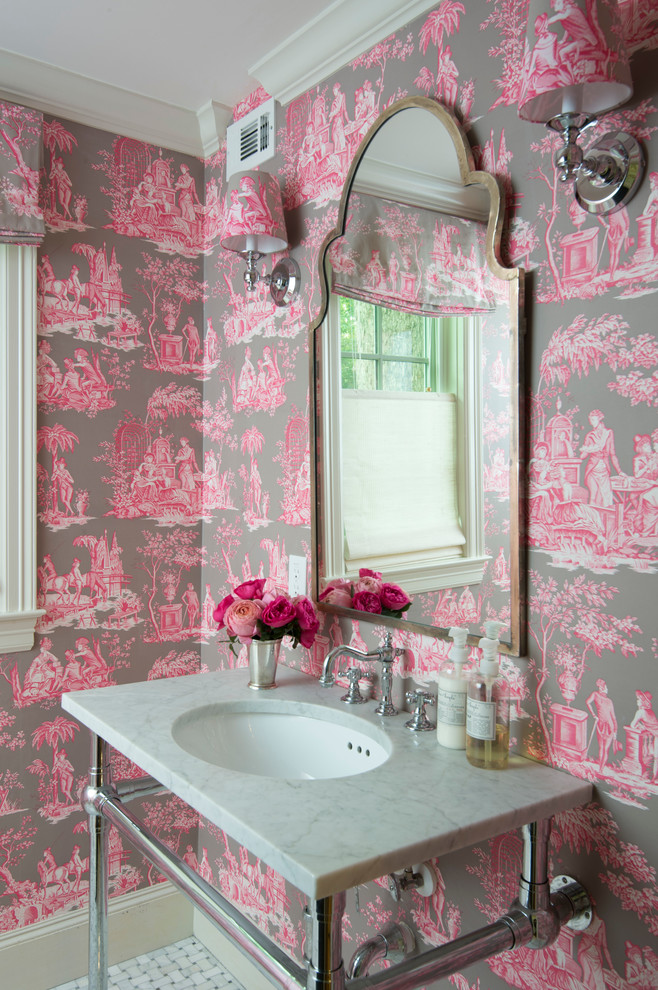 Elegant mosaic tile floor bathroom photo in Houston with an undermount sink and multicolored walls