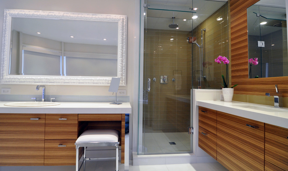 Example of a large minimalist master blue tile and glass tile ceramic tile and white floor bathroom design in Toronto with a drop-in sink, quartz countertops, a one-piece toilet, white walls and a hinged shower door