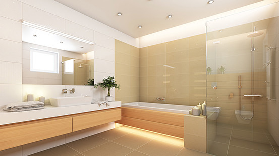 Стильный дизайн: большая главная ванная комната в современном стиле с плоскими фасадами, светлыми деревянными фасадами, накладной ванной, угловым душем, бежевой плиткой, керамогранитной плиткой, белыми стенами, полом из керамогранита, настольной раковиной, столешницей из искусственного кварца, бежевым полом и душем с распашными дверями - последний тренд