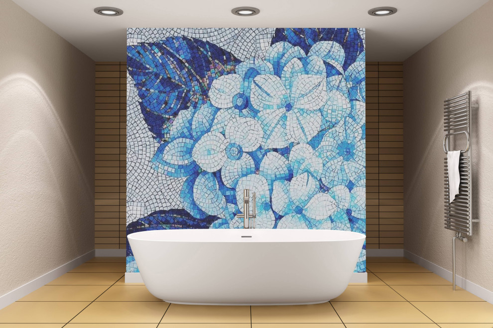 Modern inredning av ett mellanstort en-suite badrum, med blå kakel och mosaik