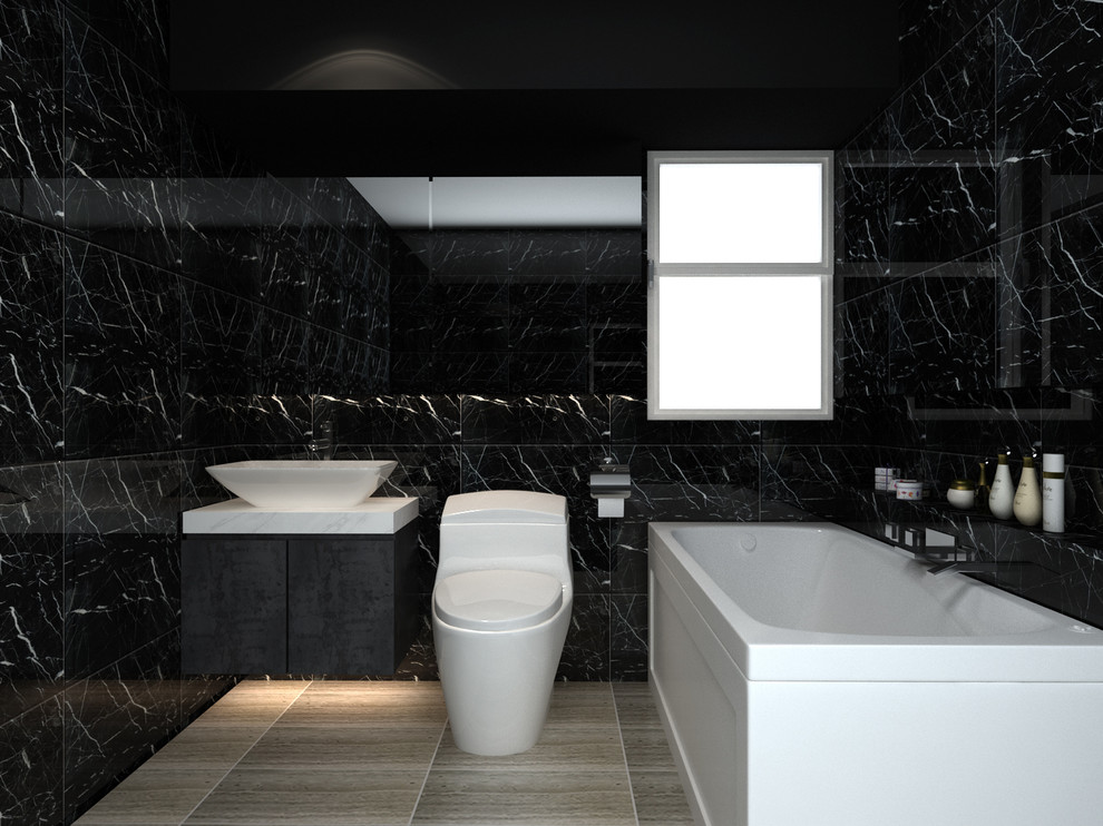 Идея дизайна: маленькая главная ванная комната в современном стиле с унитазом-моноблоком, керамической плиткой, полом из керамической плитки и настольной раковиной для на участке и в саду
