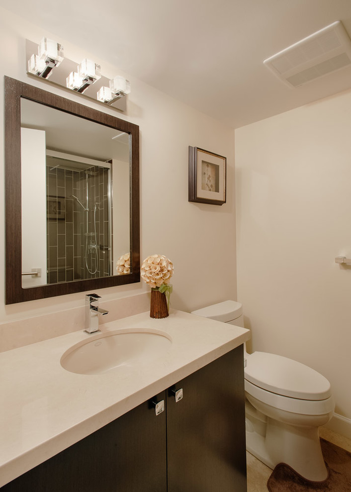 Modelo de cuarto de baño contemporáneo con lavabo bajoencimera, armarios con paneles lisos, puertas de armario negras, encimera de cuarzo compacto, ducha empotrada, sanitario de una pieza y baldosas y/o azulejos de cerámica