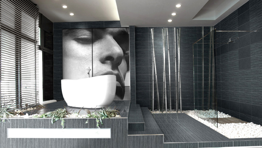 Inspiration for a huge asian master black tile and porcelain tile porcelain tile bathroom remodel in Toronto with black walls