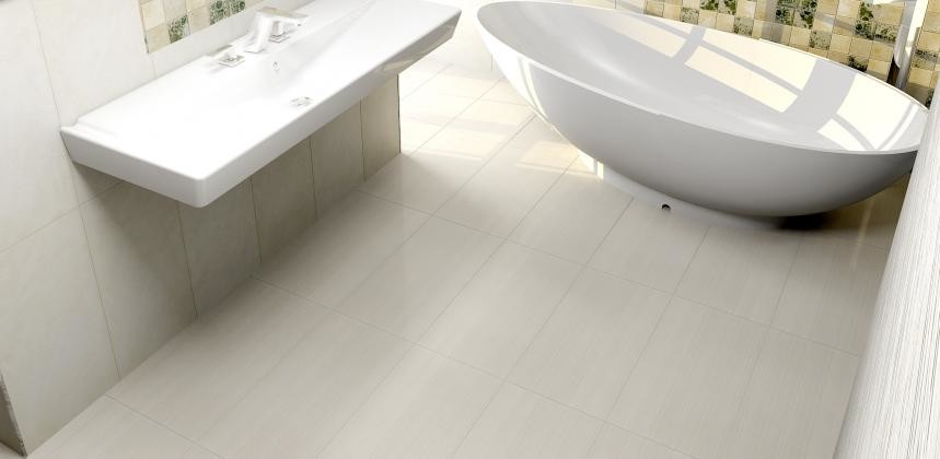 Exemple d'une grande salle de bain principale tendance avec un lavabo suspendu, une baignoire indépendante, un carrelage blanc, des carreaux de porcelaine, un mur blanc et un sol en carrelage de porcelaine.