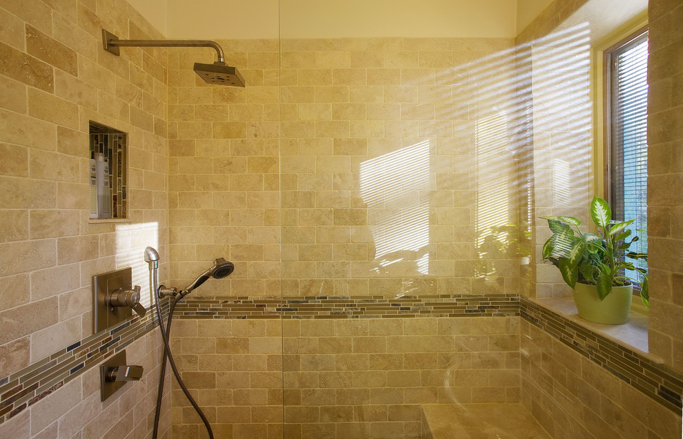 Inspiration for a contemporary stone tile doorless shower remodel in Louisville