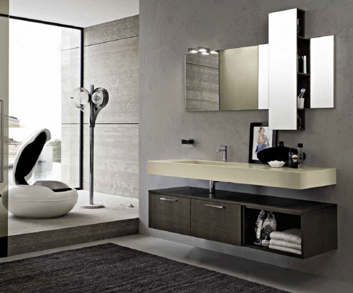 Inspiration för ett litet funkis badrum med dusch, med ett integrerad handfat, öppna hyllor, skåp i mörkt trä, marmorbänkskiva, grå kakel, grå väggar och betonggolv