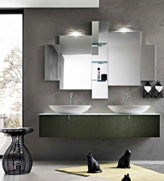 Esempio di una piccola stanza da bagno con doccia moderna con ante con bugna sagomata, ante marroni, top in marmo, pareti grigie, pavimento in cemento e piastrelle bianche