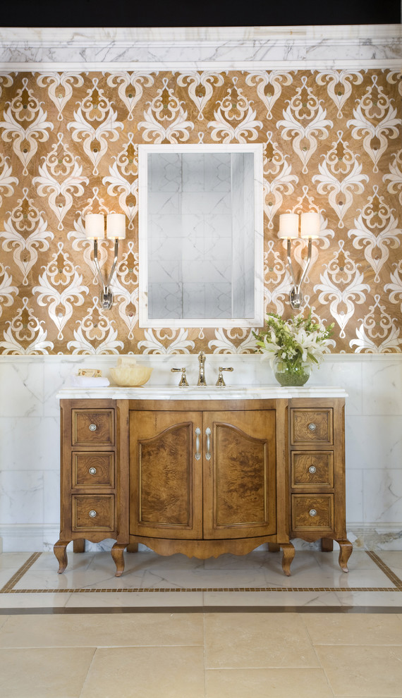 Inspiration for an eclectic bathroom in Atlanta with medium wood cabinets, white tiles, multi-coloured walls, feature lighting, recessed-panel cabinets and a freestanding vanity unit.
