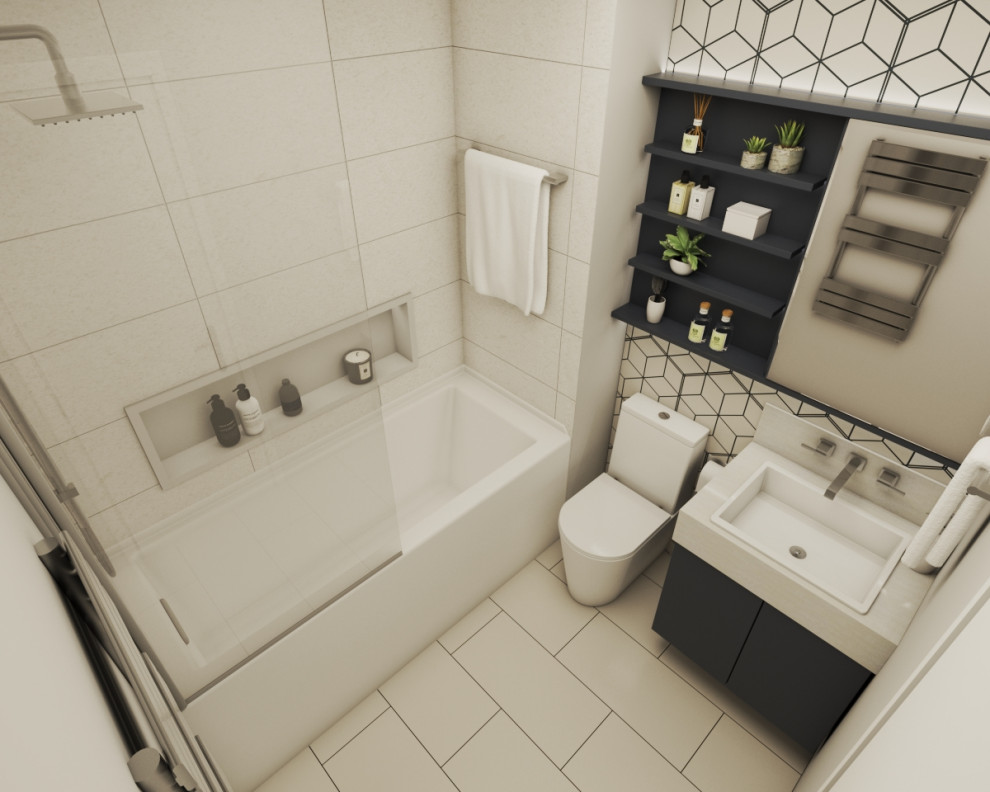 Bild på ett litet funkis beige beige badrum för barn, med släta luckor, blå skåp, ett platsbyggt badkar, en dusch/badkar-kombination, vit kakel, keramikplattor och granitbänkskiva