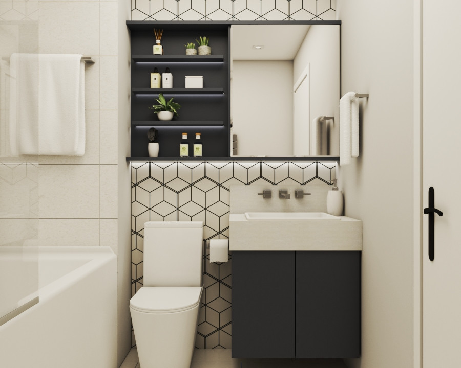 Exemple d'une petite salle de bain moderne pour enfant avec un placard à porte plane, des portes de placard bleues, une baignoire posée, un combiné douche/baignoire, un carrelage blanc, des carreaux de céramique, un plan de toilette en granite et un plan de toilette beige.