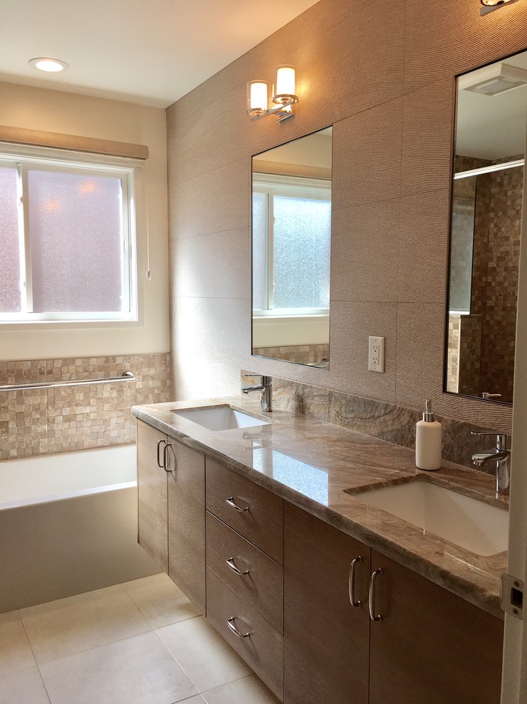 Inspiration for a mid-sized transitional master brown tile and porcelain tile porcelain tile bathroom remodel in San Francisco with flat-panel cabinets, brown cabinets, beige walls, an undermount sink and granite countertops