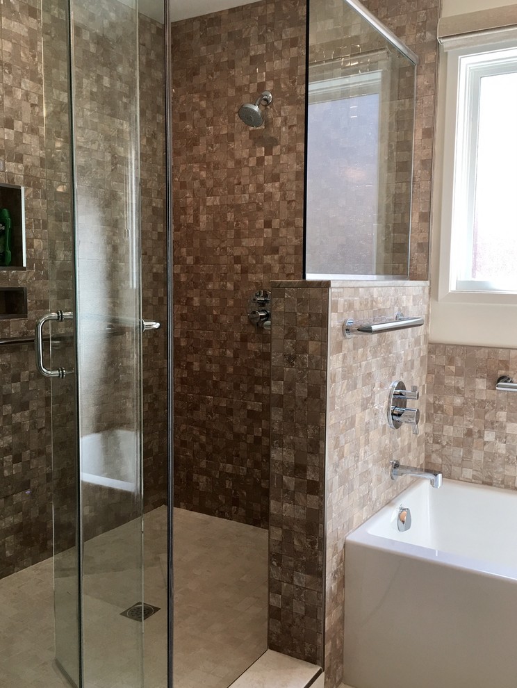 Bathroom - mid-sized transitional master brown tile and porcelain tile porcelain tile bathroom idea in San Francisco with flat-panel cabinets, brown cabinets, beige walls, an undermount sink and granite countertops