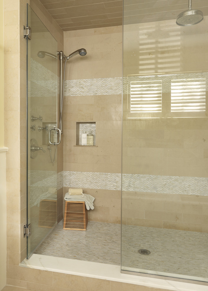 Contemporary bathroom in Boston with mosaic tiles, a corner shower and a wall niche.