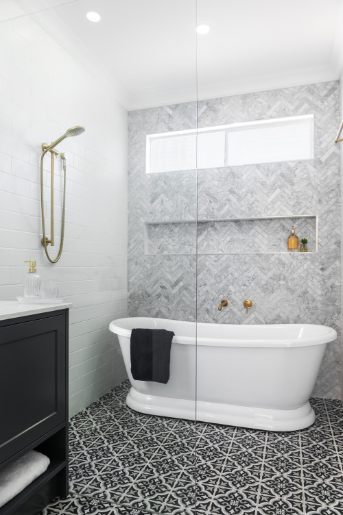 Grey Stone Mosaic Niche with White Subway Tile Shower