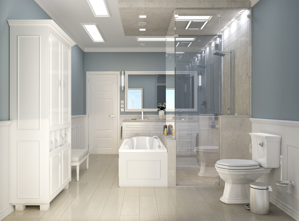 Bild på ett stort funkis en-suite badrum, med luckor med upphöjd panel, vita skåp, en jacuzzi, en dusch i en alkov, en toalettstol med hel cisternkåpa, vit kakel, blå väggar, cementgolv, ett undermonterad handfat, bänkskiva i kvarts, beiget golv och dusch med gångjärnsdörr