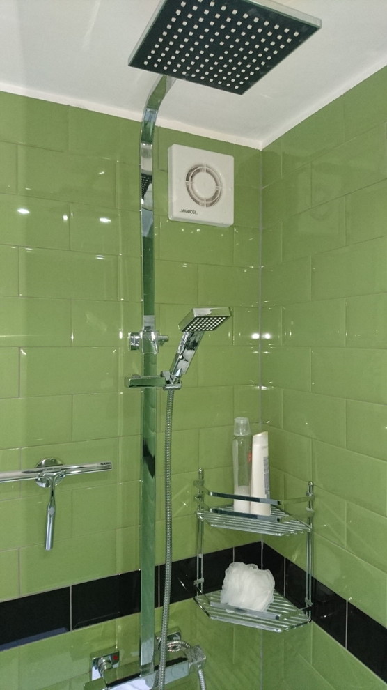 Inspiration for a small contemporary shower room bathroom in Kent with white cabinets, a walk-in shower, green tiles, ceramic tiles, white walls, ceramic flooring and a built-in sink.