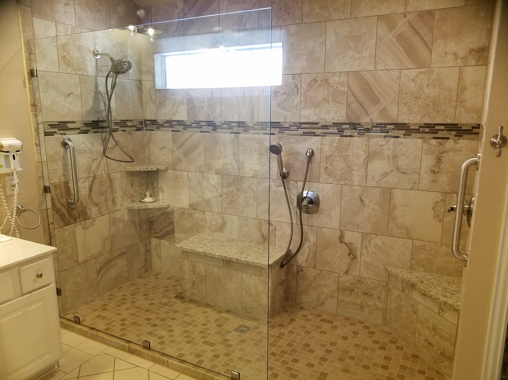 This is an example of a large classic ensuite bathroom in Dallas with a double shower, beige tiles, porcelain tiles, beige walls, mosaic tile flooring, granite worktops, beige floors and an open shower.