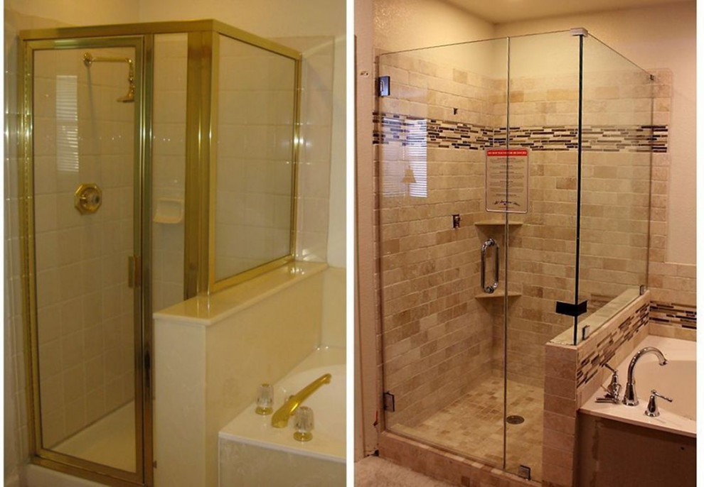 Bild på ett mellanstort funkis brun brunt en-suite badrum, med släta luckor, skåp i ljust trä, ett hörnbadkar, en dusch i en alkov, en toalettstol med separat cisternkåpa, flerfärgad kakel, keramikplattor, beige väggar, klinkergolv i keramik, ett integrerad handfat, bänkskiva i kvarts, flerfärgat golv och med dusch som är öppen